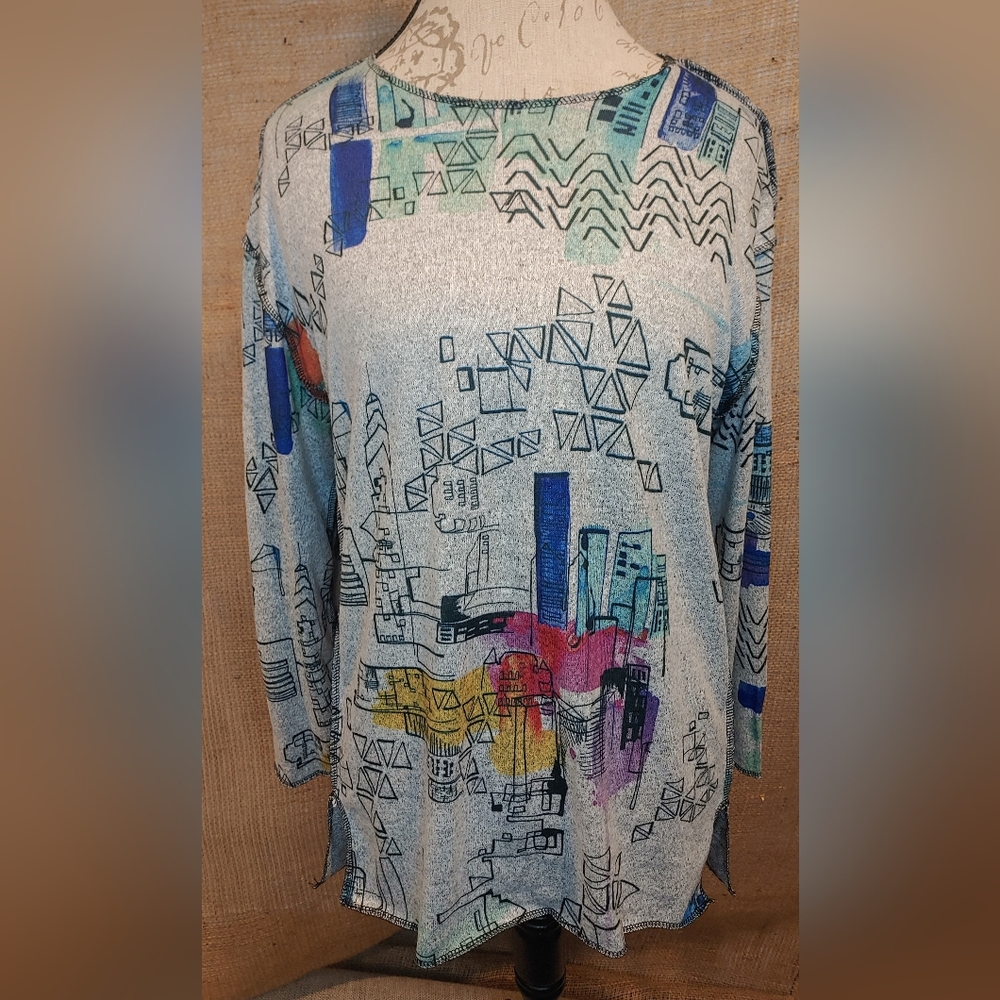 Jess & Jane Manhattan City Scape Colorful Soft Stretchy Tunic Size Large